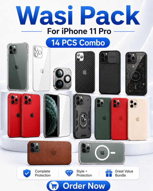 iPhone 11 Pro Wasi Pack – 14 PCS Ultimate Protection & Style Combo with 7 Premium Cases, 3 Apple Silicone Cases, Tempered Glass, Camera Lens Protector, Carbon Skin & Back Glass