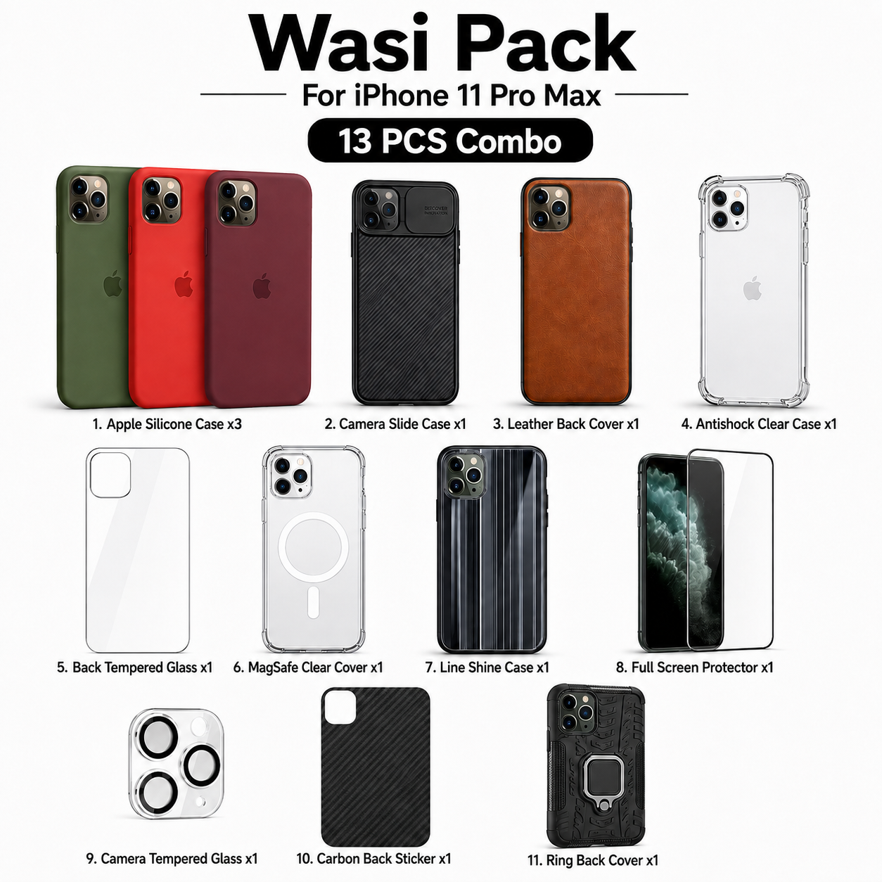 iPhone 11 Pro Max Wasi Pack – 13 PCS Premium Protection & Style Combo with 8 Cases, Apple Silicone Cases x3, MagSafe Clear Cover, Tempered Glass, Camera Protector, Carbon Skin & Ring Case