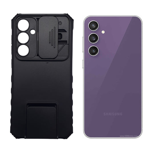 Samsung S23 FE Shockproof Case with Sliding Camera Cover and Integrated Ring Stand Holder, Heavy Duty Protection, Black