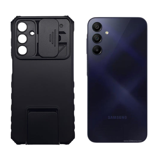 Samsung A15 Heavy Duty Protective Phone Case with Camera Lens Slide Cover and Integrated Kickstand for Hands-Free Viewing