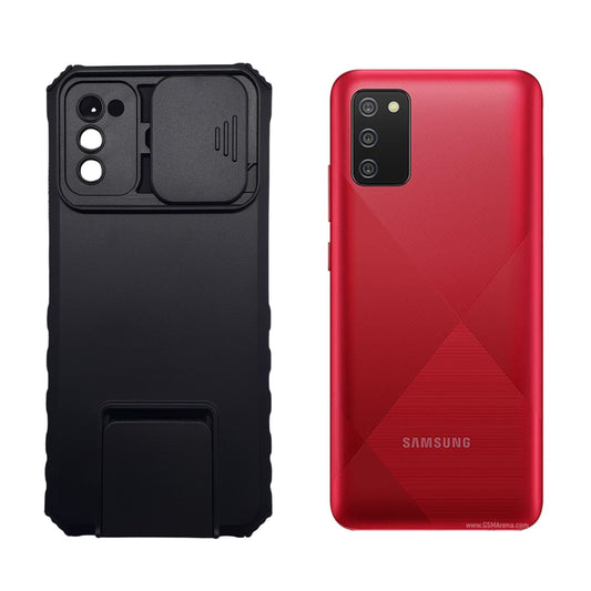 Samsung A02s Case, Heavy Duty Shockproof Protective Cover with Sliding Camera Lens Protector and Foldable Kickstand Built-in Stand