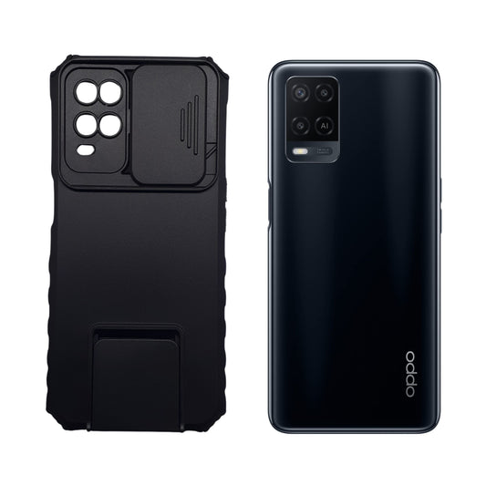 OPPO A54 Slide Camera Lens Protection Phone Case, Shockproof Armor Cover with Built-in Magnetic Ring Kickstand and Non-Slip Grip