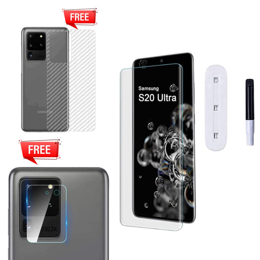 Pack of UV Glue Full Screen Protector Tempered Glass + Carbon Back Sticker and Camera Lens Protection for Samsung S20 Ultra