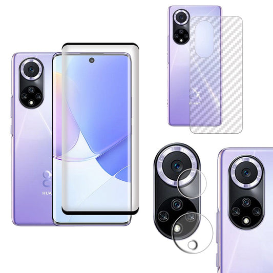 Combo Pack of Tempered Glass Screen Protector, Carbon Fiber Back Sticker, Camera lens Clear Glass Bundel for Huawei Nova 9 SE