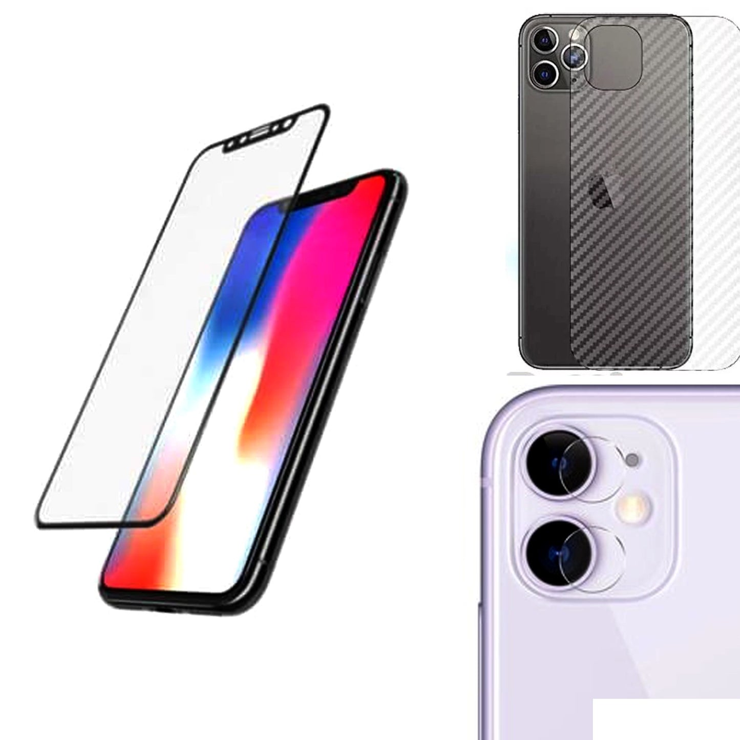 Combo Pack of Tempered Glass Screen Protector, Carbon Fiber Back Sticker, Camera lens Clear Glass Bundel for apple iPhone 11