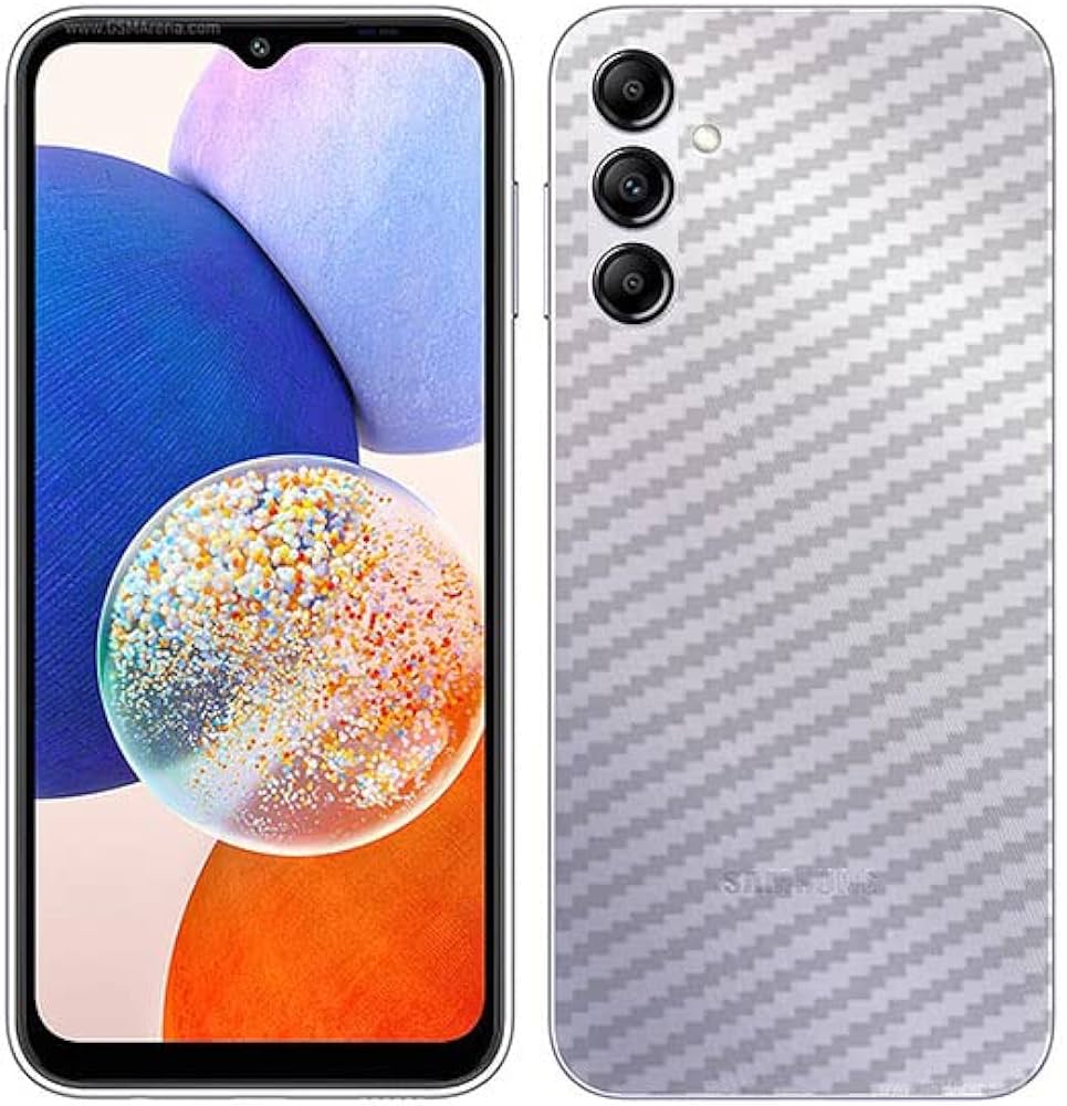 Samsung A14 Combo Pack of Tempered Glass Screen Protector, Carbon Fiber Back Sticker, Camera lens Clear Glass Bundle
