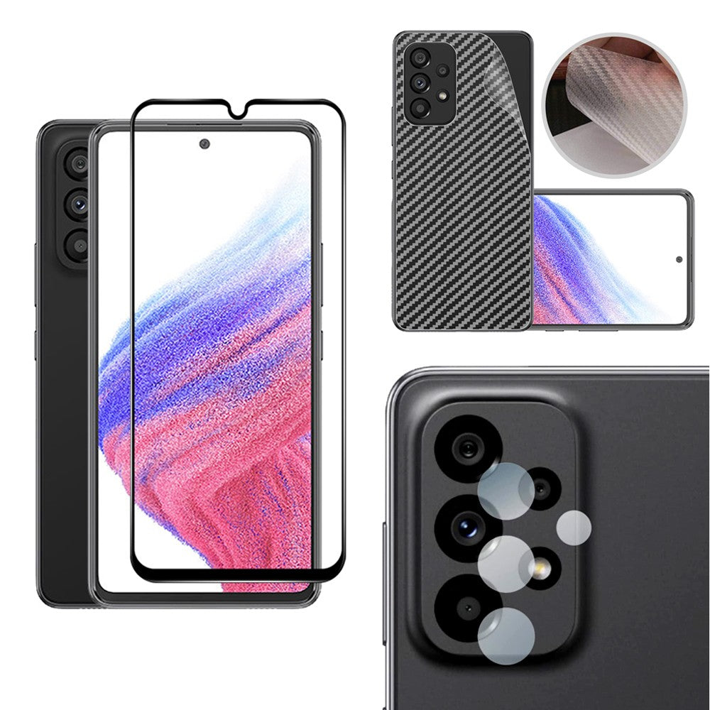 Combo Pack of Tempered Glass Screen Protector, Carbon Fiber Back Sticker, Camera lens Clear Glass Bundle for Samsung Galaxy A14