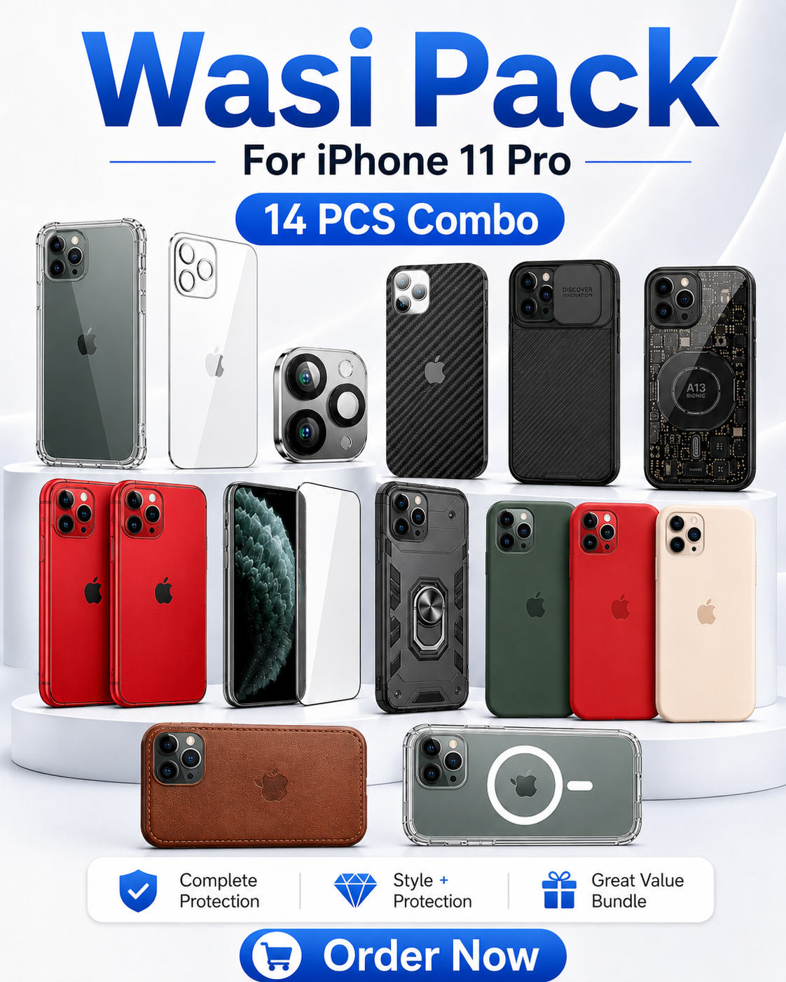 iPhone 11 Pro Wasi Pack – 14 PCS Ultimate Protection & Style Combo with 7 Premium Cases, 3 Apple Silicone Cases, Tempered Glass, Camera Lens Protector, Carbon Skin & Back Glass