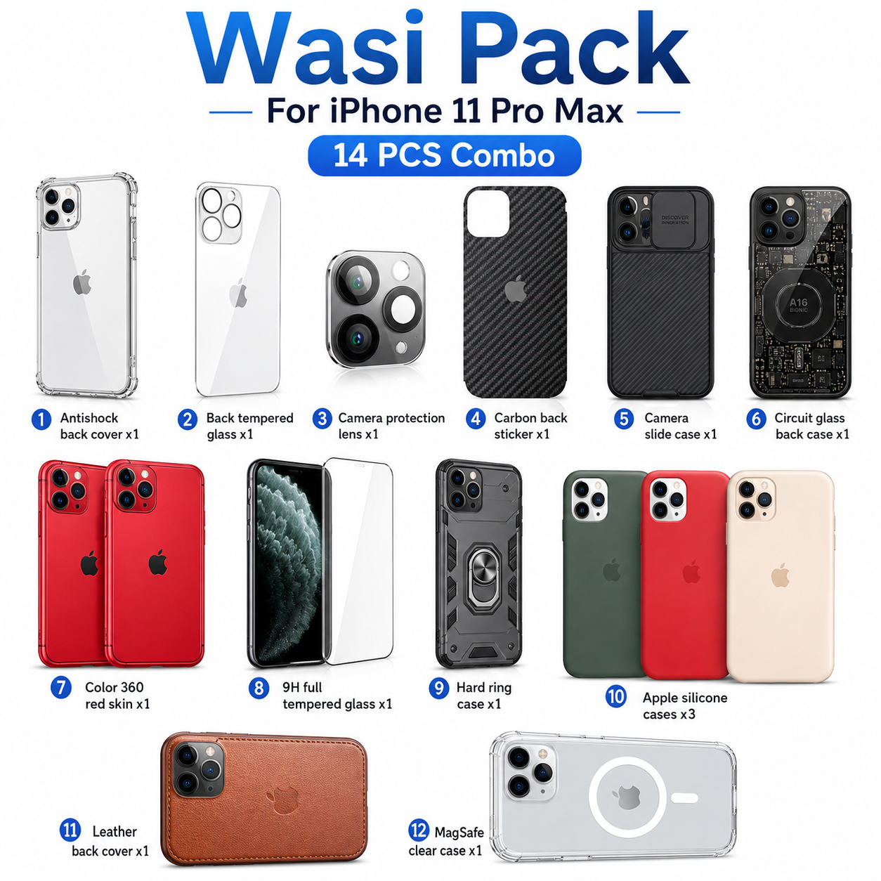 iPhone 11 Pro Max Wasi Pack – 14 PCS Ultimate Protection & Style Combo with 7 Premium Cases, 3 Apple Silicone Cases, Tempered Glass, Camera Lens Protector, Carbon Skin & Back Glass