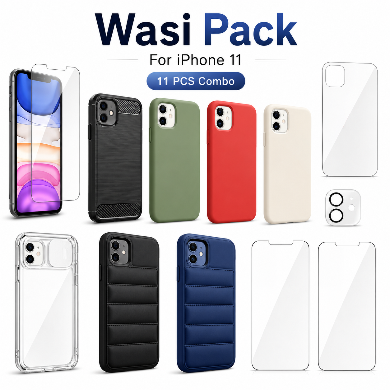 iPhone 11 Wasi Pack – Ultimate Protection Combo with 7 Cases, Screen Protectors, Back Glass & Camera Lens Protector