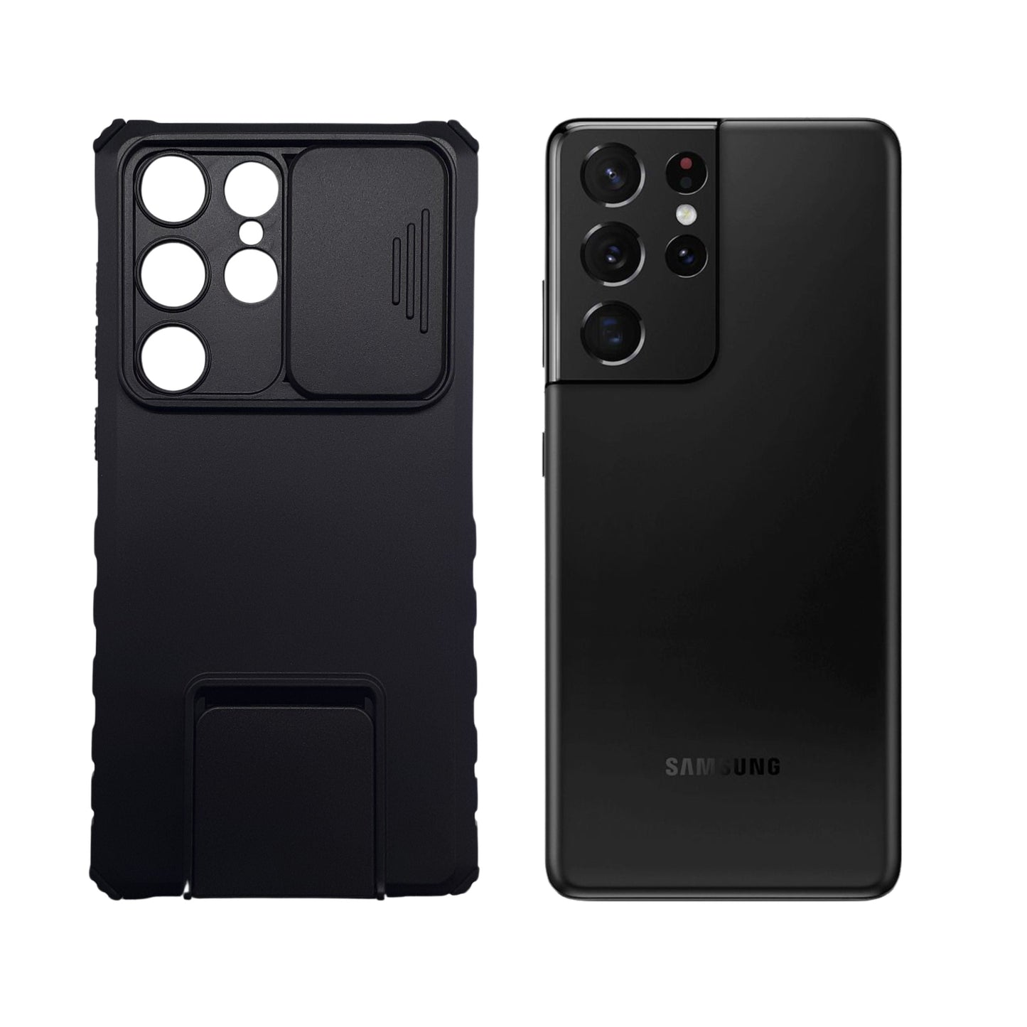 Samsung S21 Ultra Protective Phone Case with Sliding Camera Cover and Integrated Kickstand, Shockproof Bumper, Full Body Armor, Black