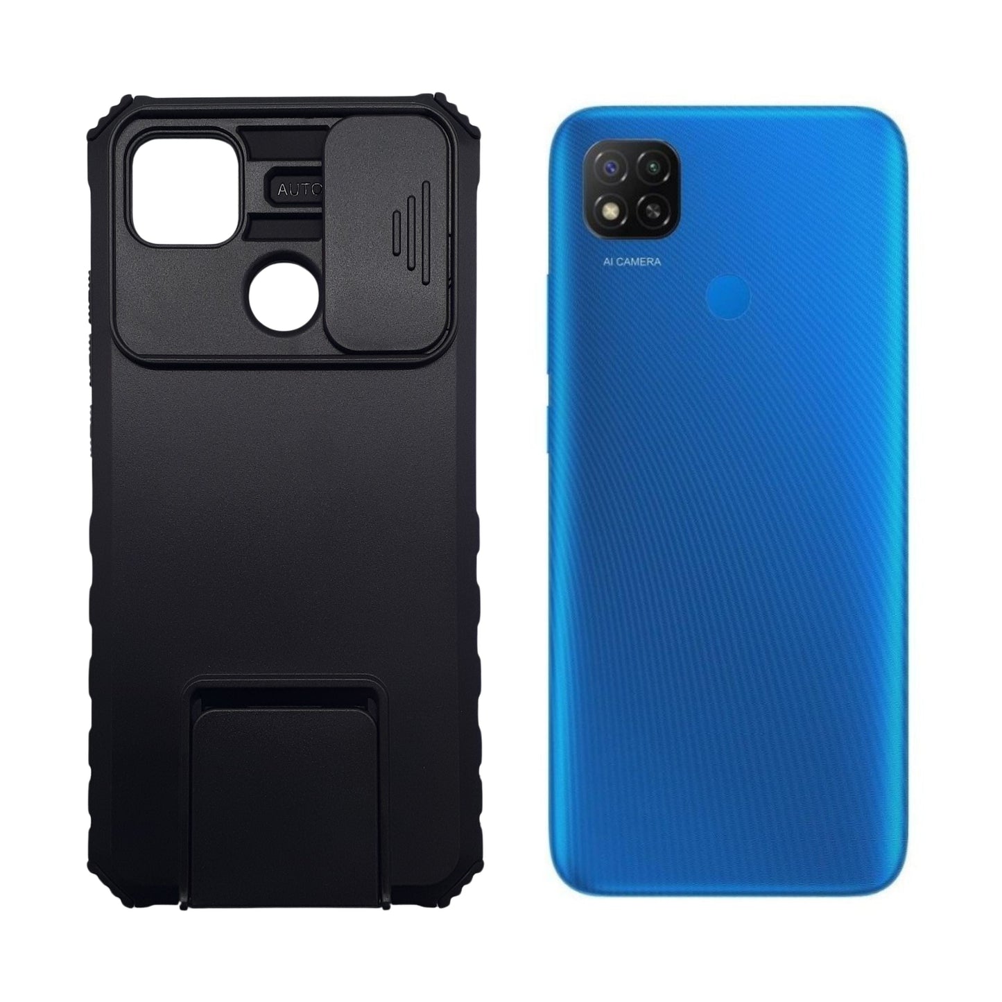 Redmi 9C Heavy Duty Hybrid Protective Case with Camera Slide Cover and 360 Rotatable Kickstand Holder Built-in Stand Armor Bumper