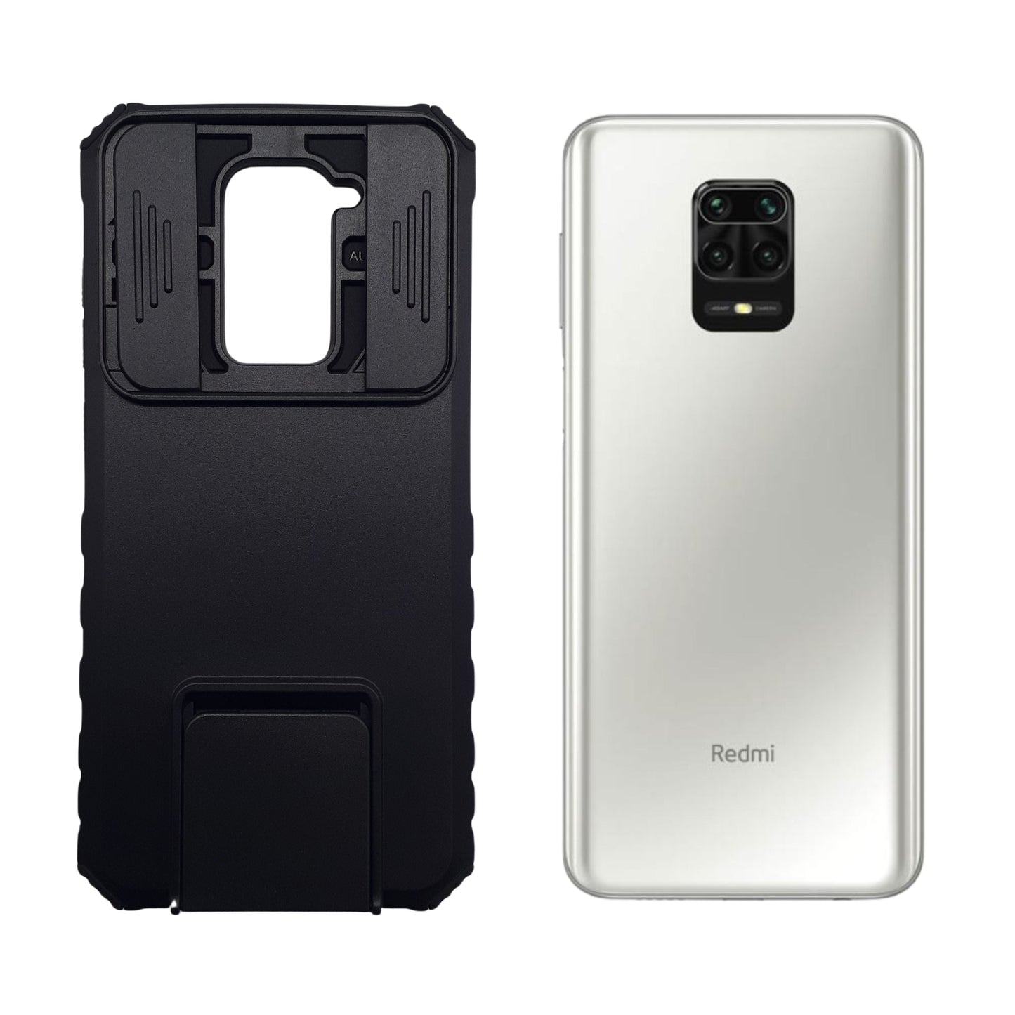 Redmi Note 9 Case, Heavy Duty Shockproof Full-Body Protective Cover with Sliding Camera Lens Protector and Built-in Kickstand for Video Viewing.