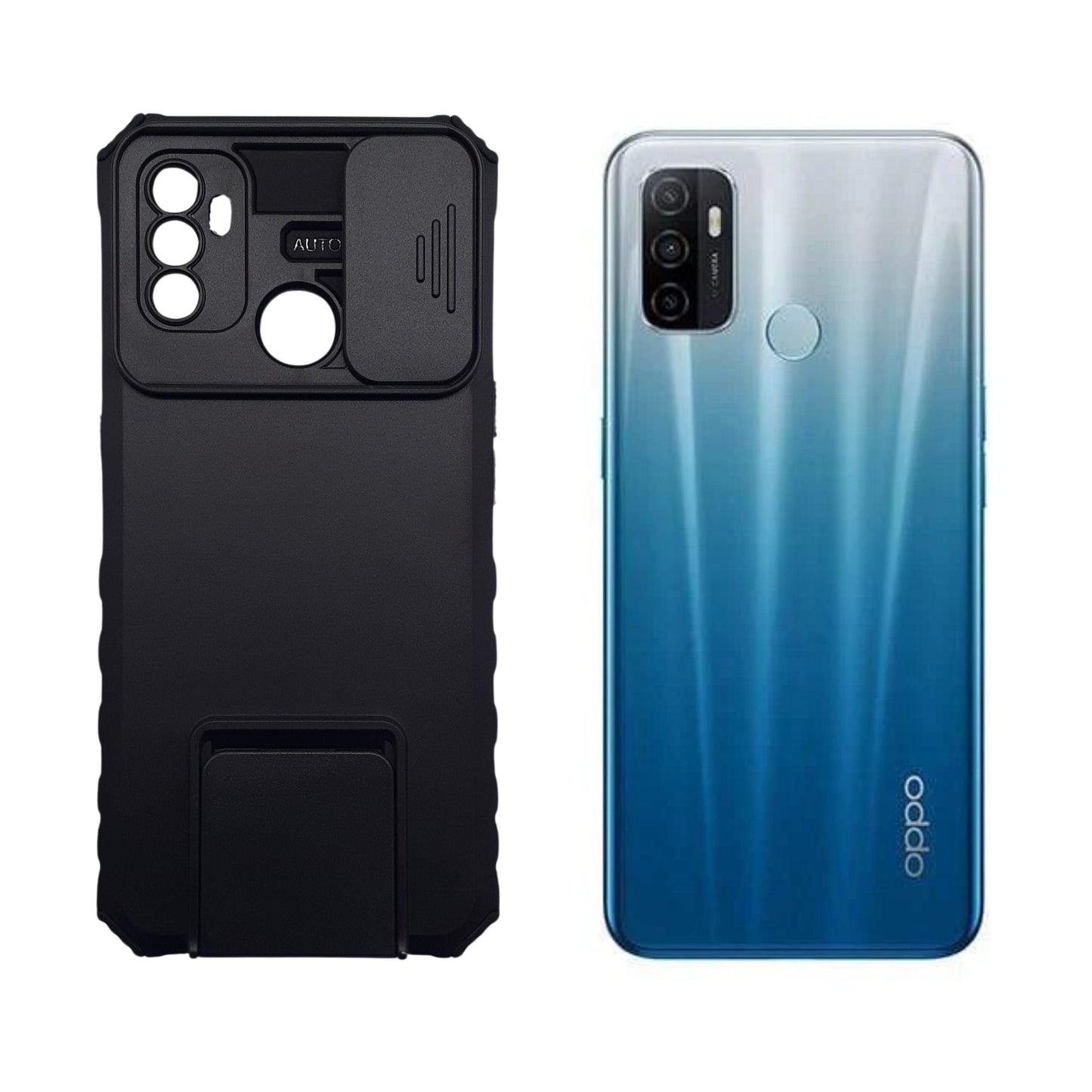 OPPO A53 Camera Slide Protector Case, Heavy Duty Shockproof Cover with Built-in Kickstand, Full Protection Hard Shell for OPPO A53 2020