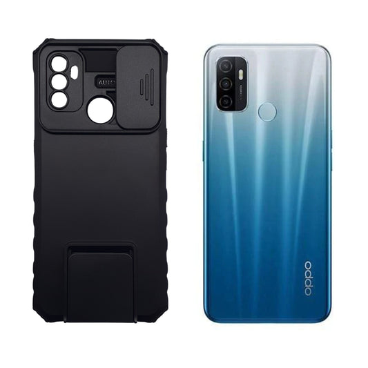 OPPO A53 Camera Slide Protector Case, Heavy Duty Shockproof Cover with Built-in Kickstand, Full Protection Hard Shell for OPPO A53 2020