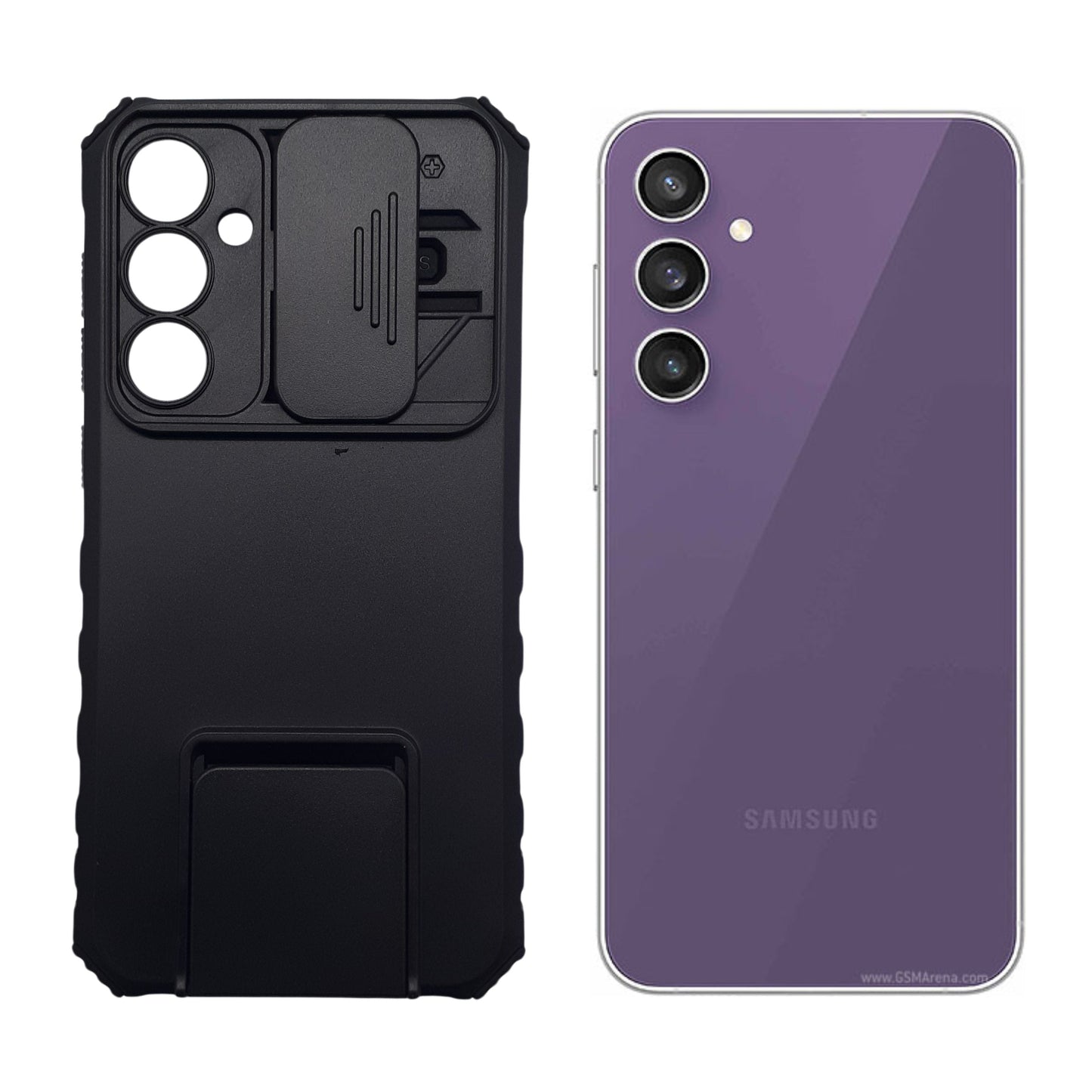 Samsung S23 FE Shockproof Case with Sliding Camera Cover and Integrated Ring Stand Holder, Heavy Duty Protection, Black