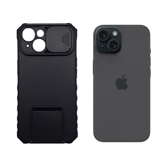 iPhone 15 Heavy Duty Shockproof Case with Slide Camera Cover and Integrated Kickstand for Maximum Protection and Hands-Free Viewing
