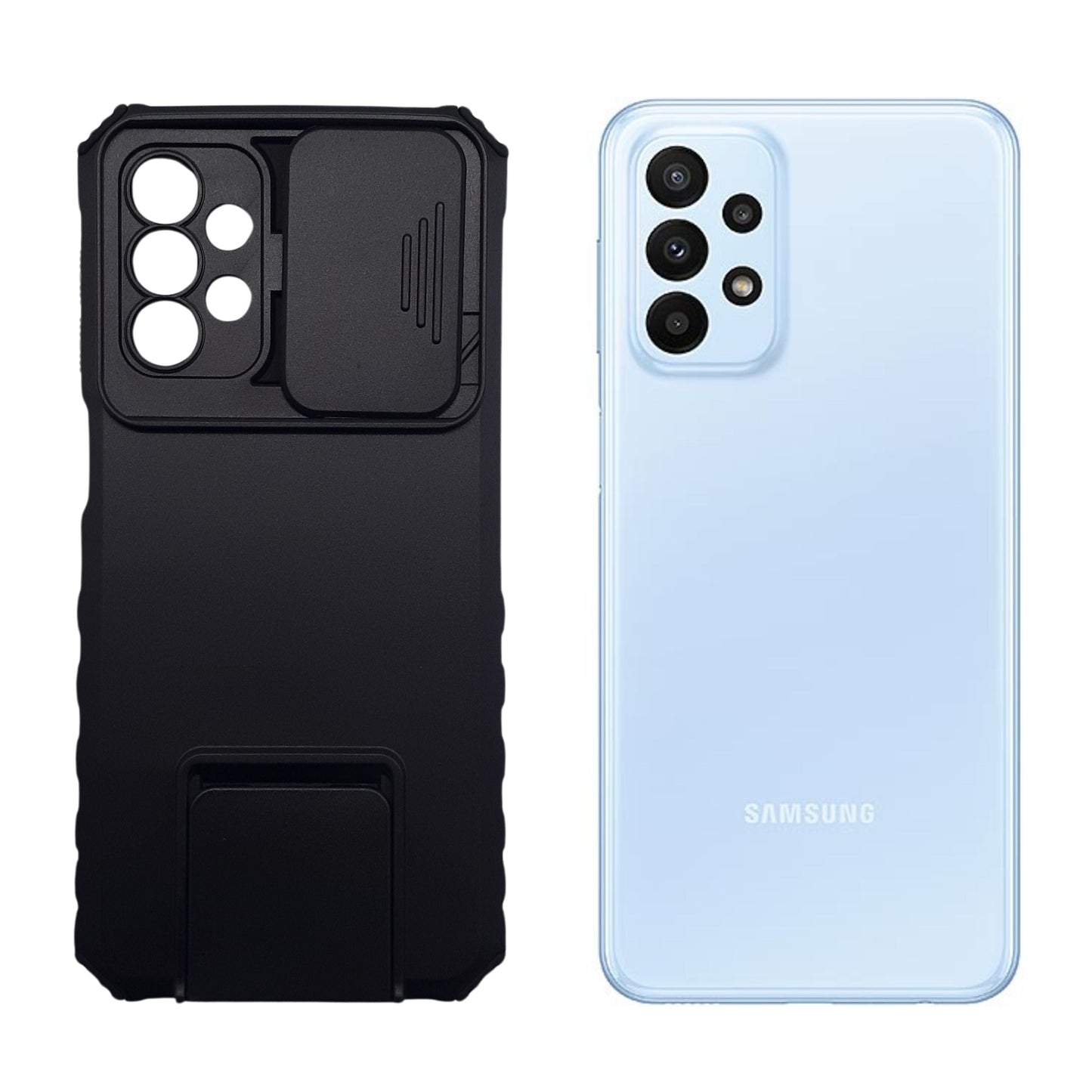 Samsung A23 Heavy Duty Protective Phone Case with Camera Slide Cover and Integrated Kickstand for Hands-Free Viewing