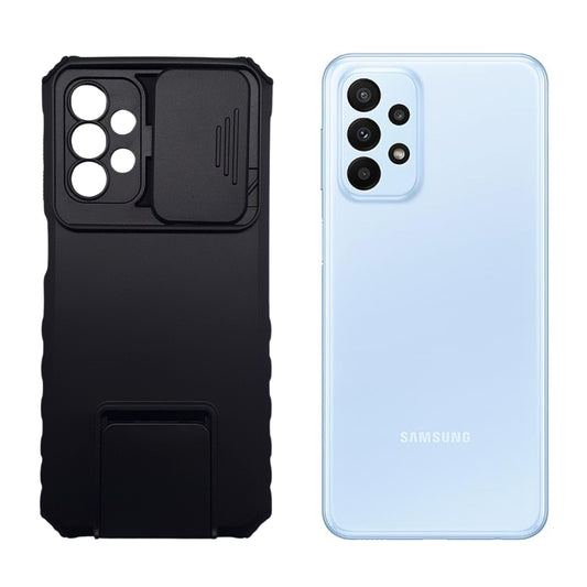 Samsung A23 Heavy Duty Protective Phone Case with Camera Slide Cover and Integrated Kickstand for Hands-Free Viewing