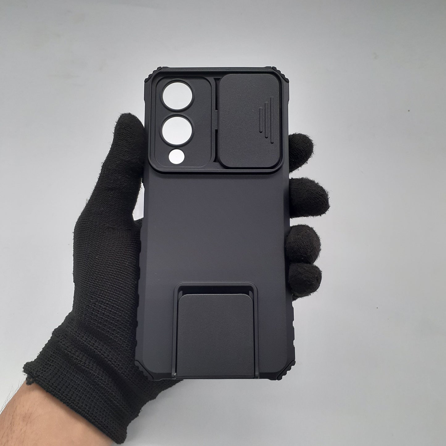 Vivo Y17s Shockproof Armor Case with Slide Push Pull Camera Lens Protection and Invisible Live Stand Phone Back Cover