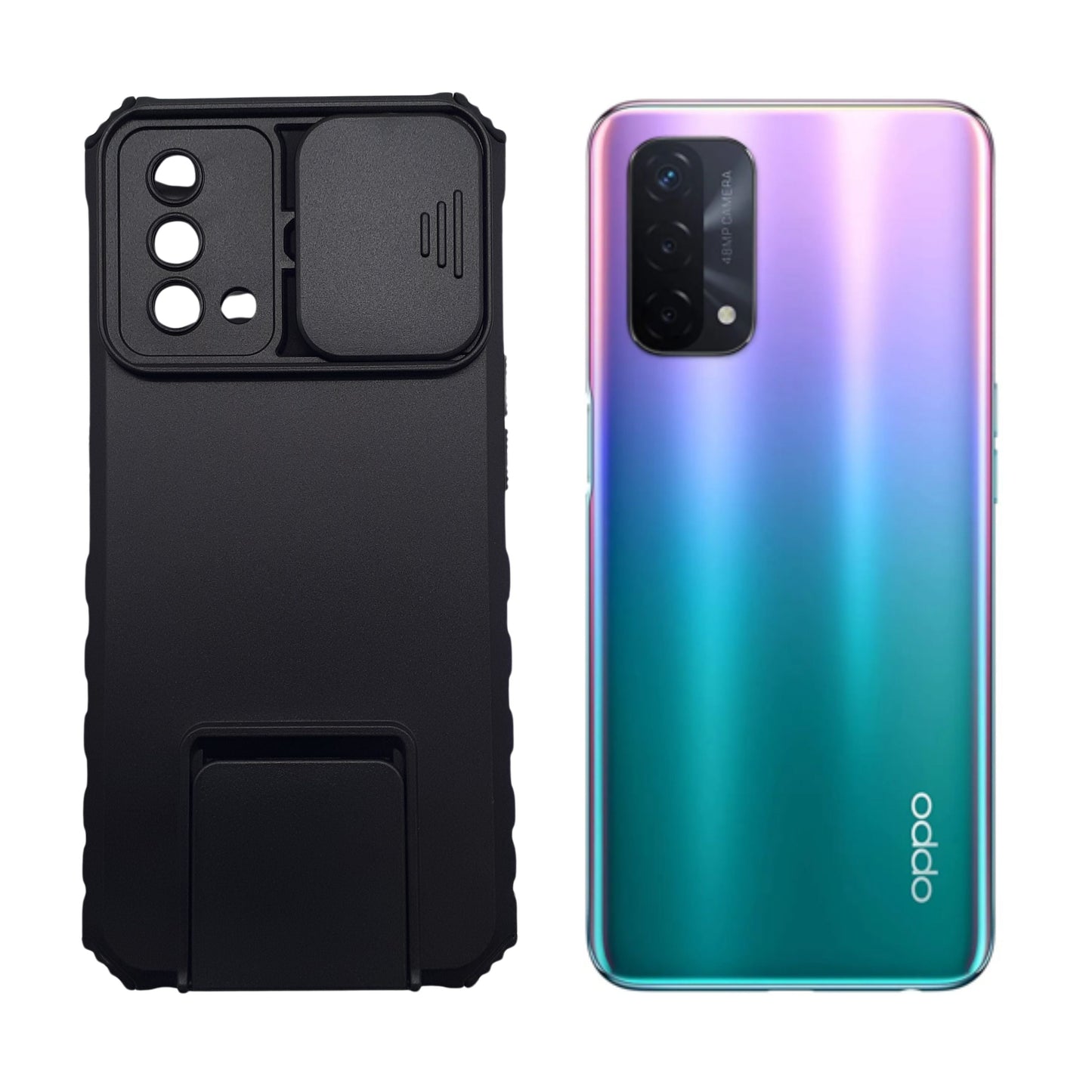OPPO A74 4G/5G Heavy Duty Shockproof Phone Case with Camera Slide Cover, Credit Card Holder Slots, and Built-in 360¡ Rotate Ring Stand/Kickstand