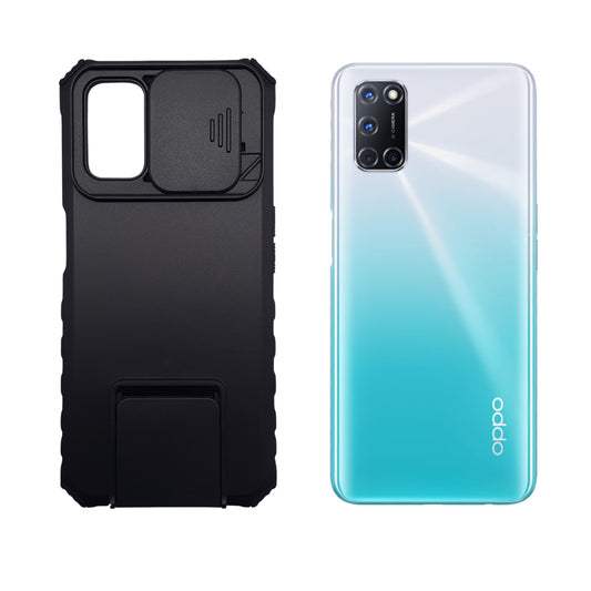 OPPO A92 Shockproof Case with Camera Slide Cover and Built-in Kickstand, Heavy Duty Protection, Anti-Scratch, Full Body Cover