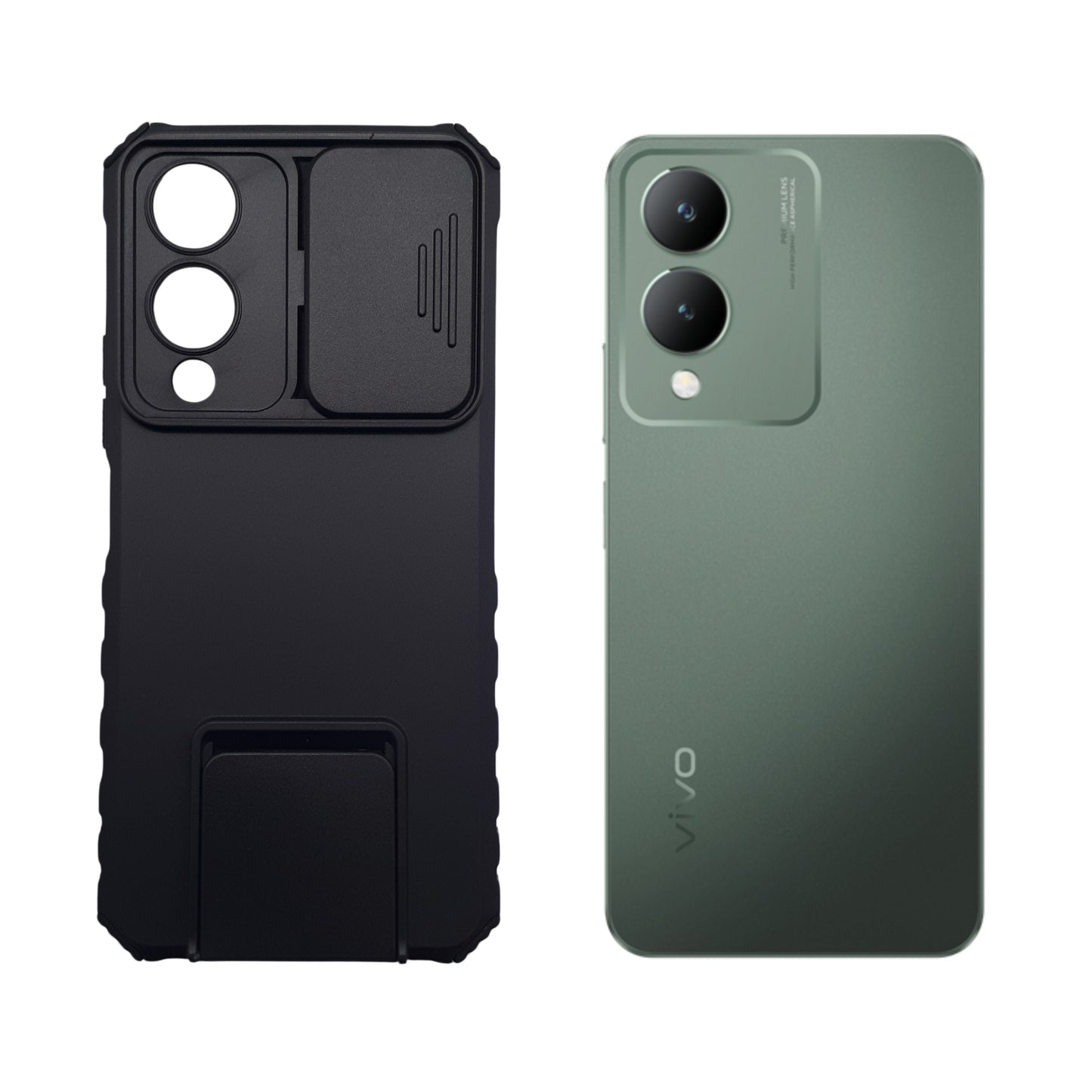 Vivo Y17s Shockproof Armor Case with Slide Push Pull Camera Lens Protection and Invisible Live Stand Phone Back Cover