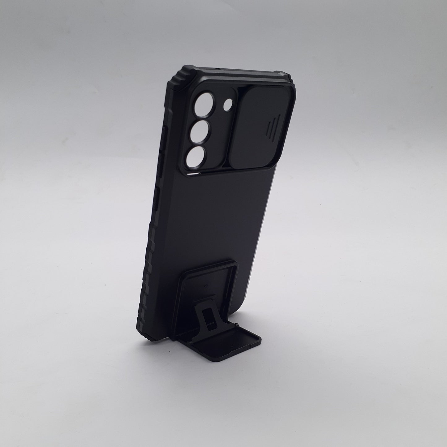 Samsung S21 FE Heavy Duty Shockproof Phone Case with Slide Camera Lens Protector Cover and Built-in Kickstand Ring Holder Black