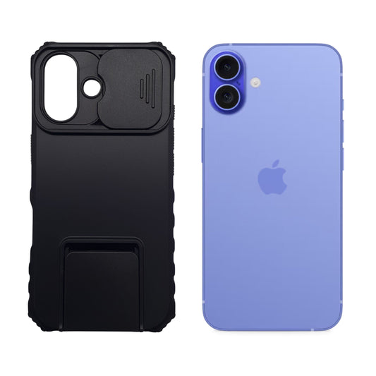 iPhone 16 Heavy Duty Protection Case with Camera Slide Cover and Integrated Kickstand for Hands-Free Viewing