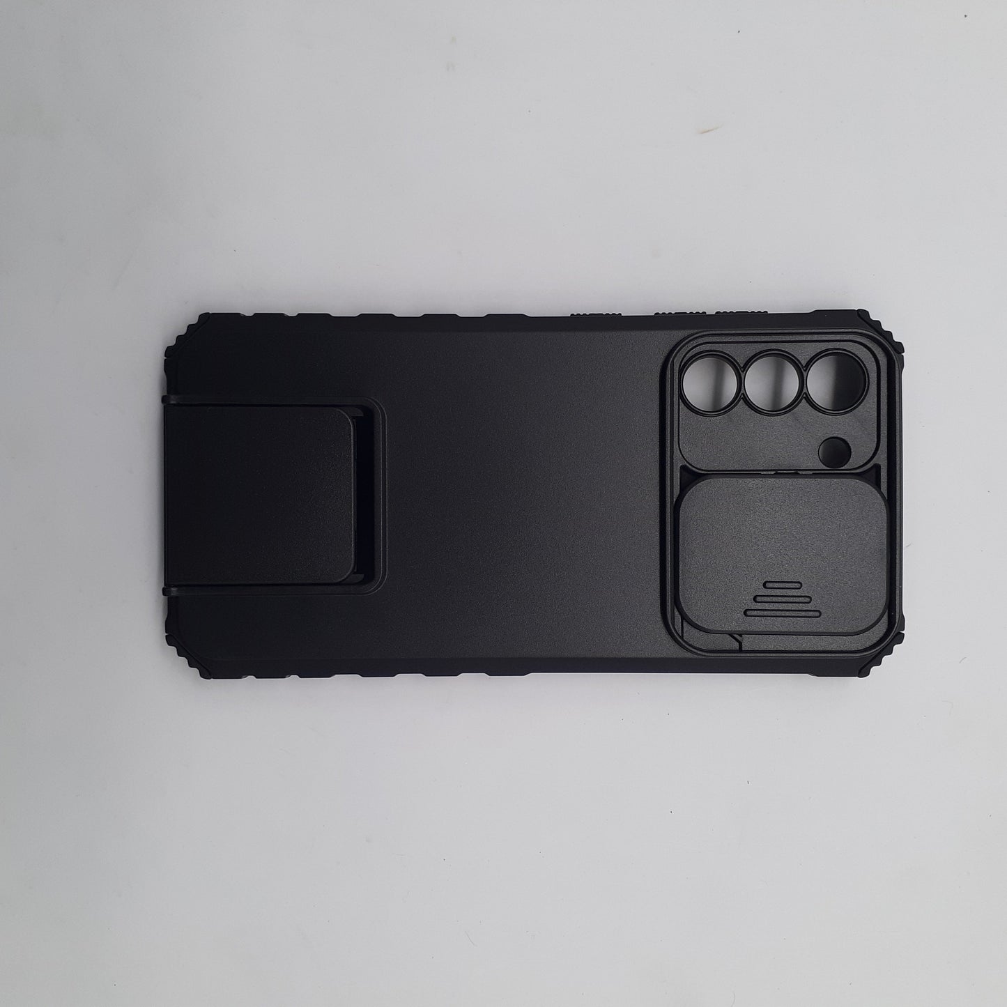 Samsung S21 FE Heavy Duty Shockproof Phone Case with Slide Camera Lens Protector Cover and Built-in Kickstand Ring Holder Black