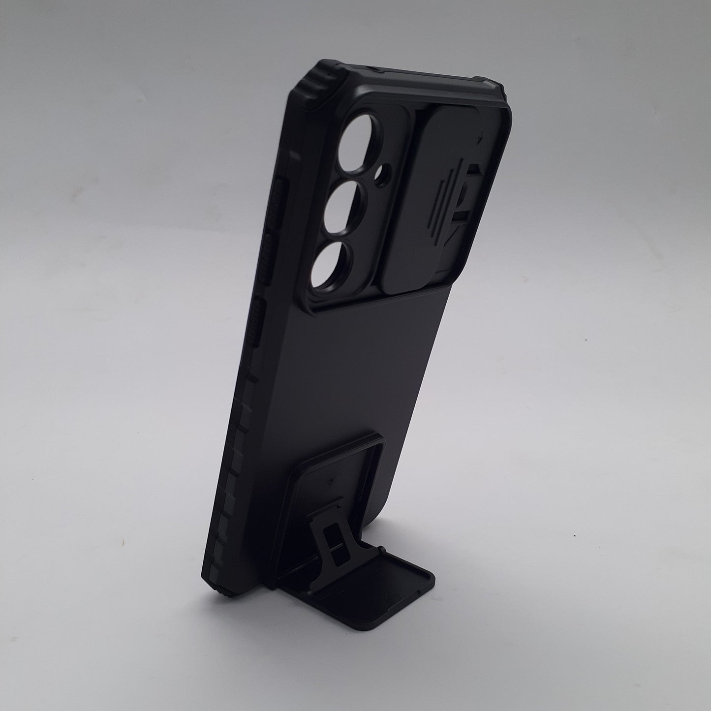 Samsung S23 FE Shockproof Case with Sliding Camera Cover and Integrated Ring Stand Holder, Heavy Duty Protection, Black