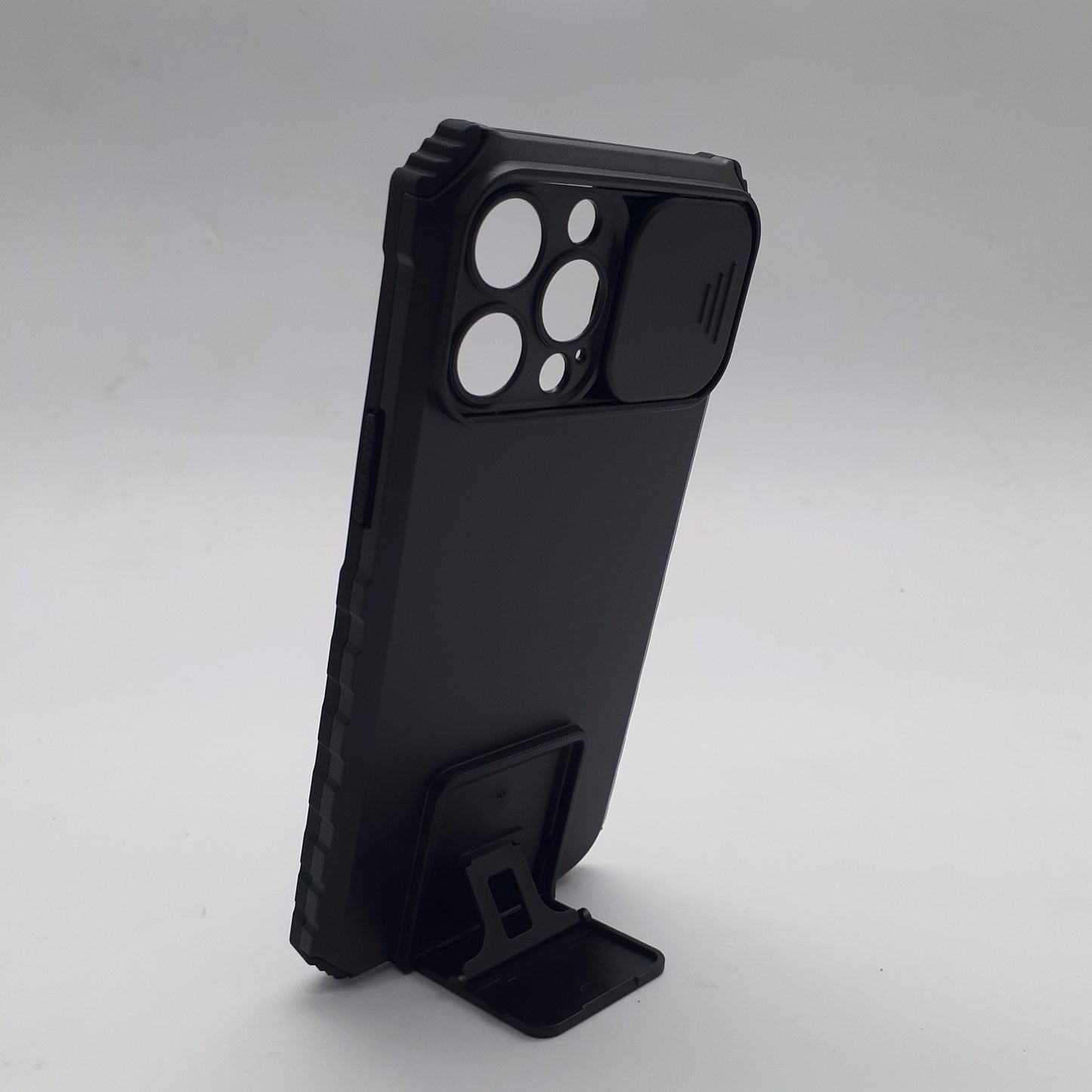 iPhone 13 Pro Max Heavy Duty Case with Camera Slide Cover, Integrated Kickstand, and Military-Grade Shockproof Protection.