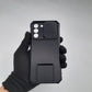 Samsung S21 FE Heavy Duty Shockproof Phone Case with Slide Camera Lens Protector Cover and Built-in Kickstand Ring Holder Black