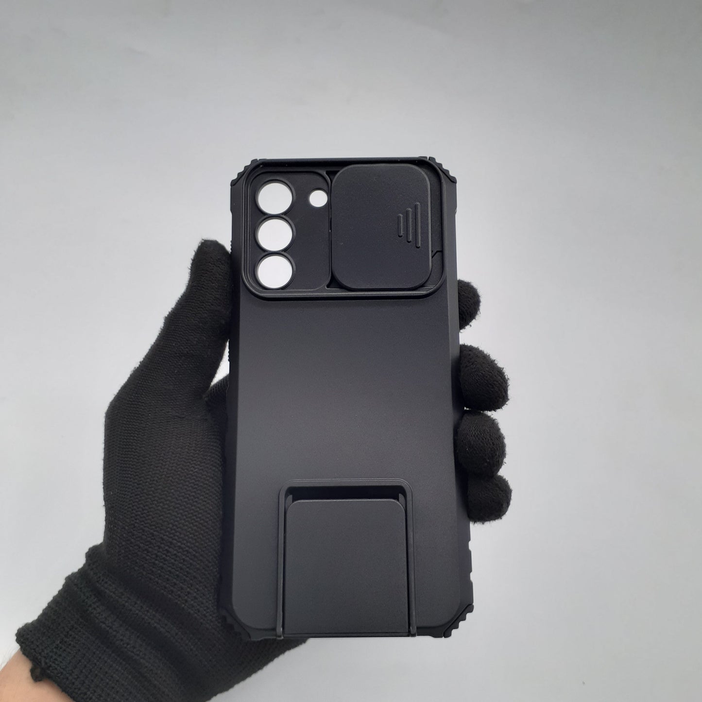 Samsung S21 FE Heavy Duty Shockproof Phone Case with Slide Camera Lens Protector Cover and Built-in Kickstand Ring Holder Black