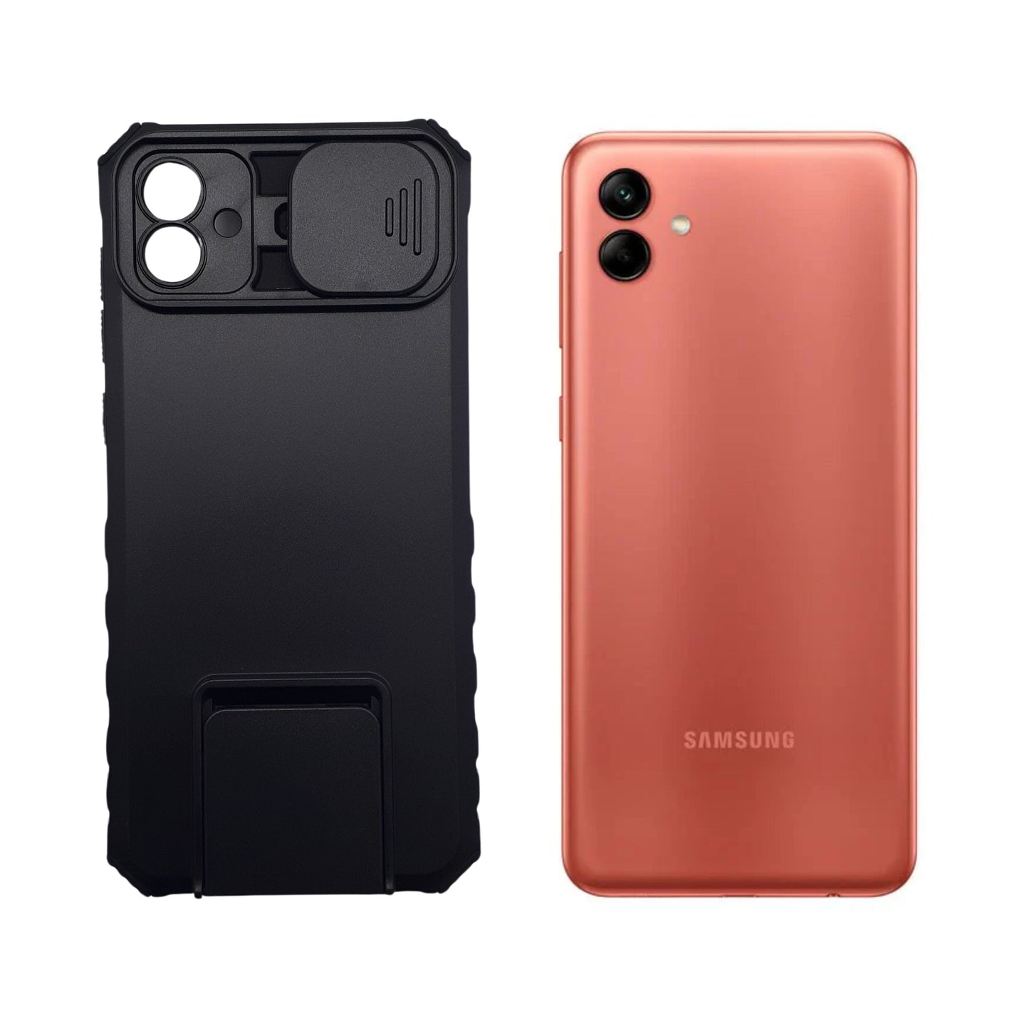Samsung A04 Rugged Dual Layer Protective Phone Case with Slide Camera Lens Cover and Integrated Ring Holder Kickstand, Shockproof Hybrid Cover