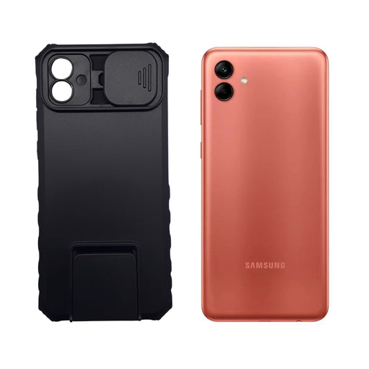 Samsung A04 Rugged Dual Layer Protective Phone Case with Slide Camera Lens Cover and Integrated Ring Holder Kickstand, Shockproof Hybrid Cover