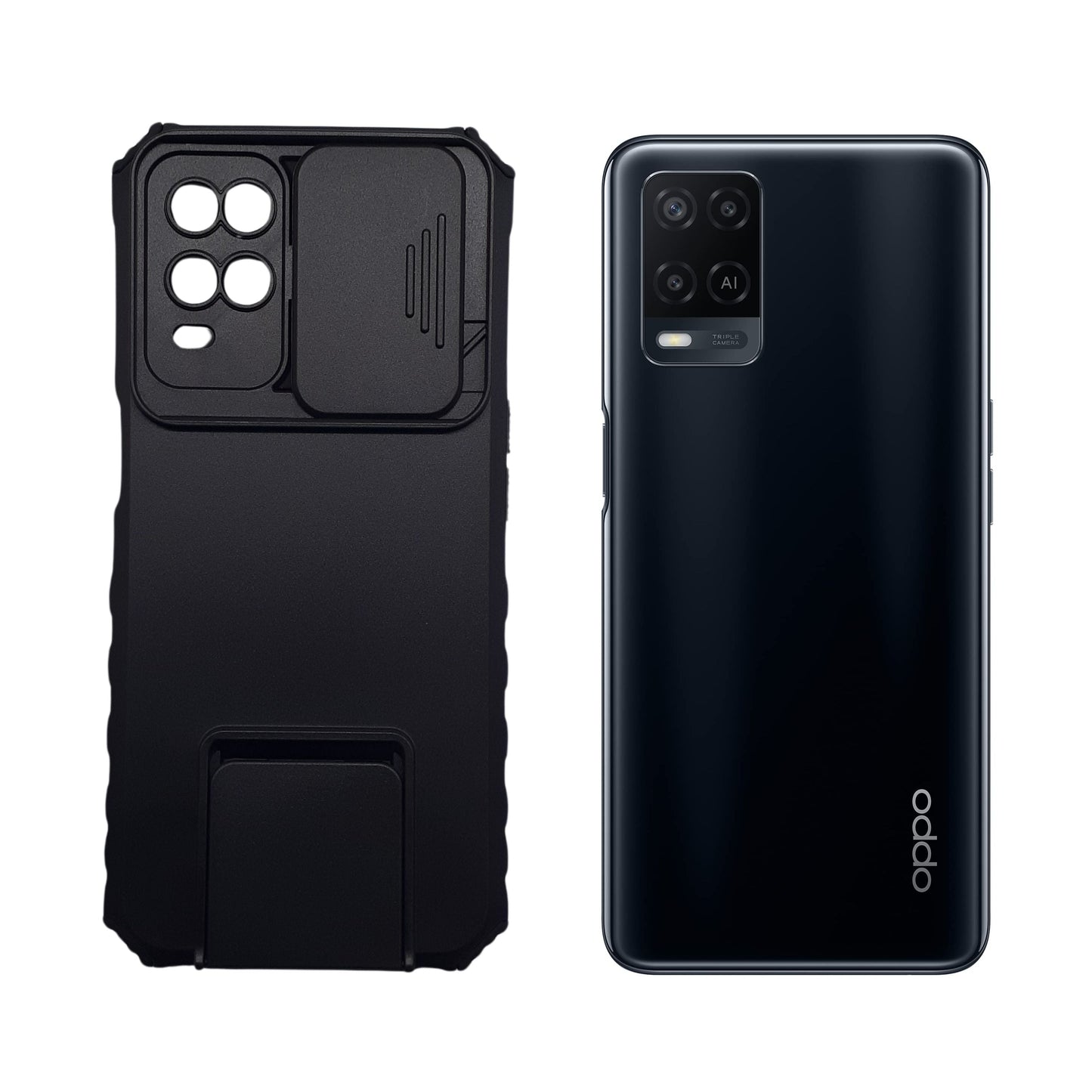 OPPO A54 Slide Camera Lens Protection Phone Case, Shockproof Armor Cover with Built-in Magnetic Ring Kickstand and Non-Slip Grip