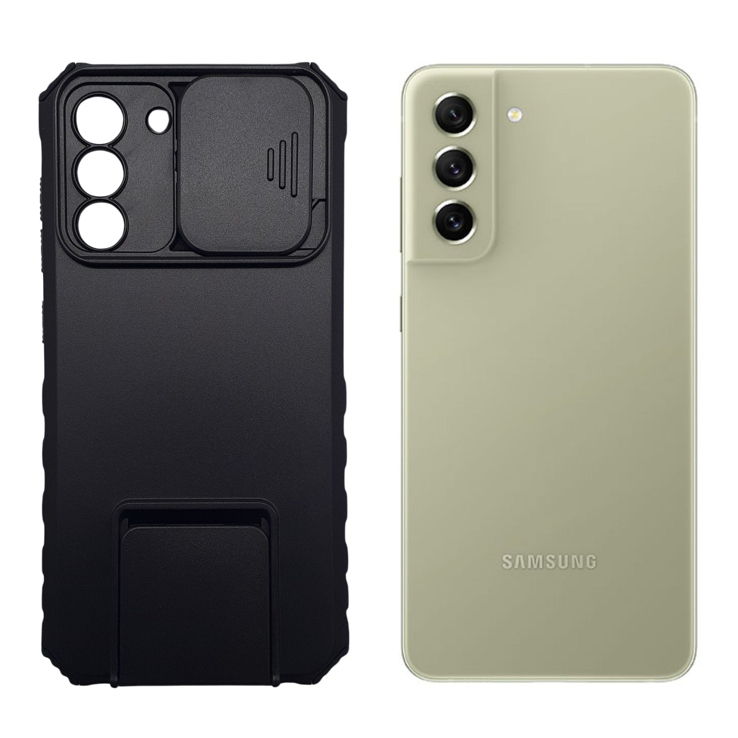 Samsung S21 FE Heavy Duty Shockproof Phone Case with Slide Camera Lens Protector Cover and Built-in Kickstand Ring Holder Black