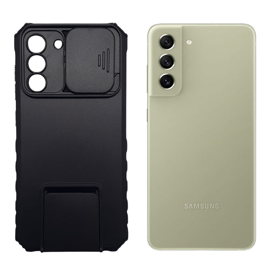 Samsung S21 FE Heavy Duty Shockproof Phone Case with Slide Camera Lens Protector Cover and Built-in Kickstand Ring Holder Black