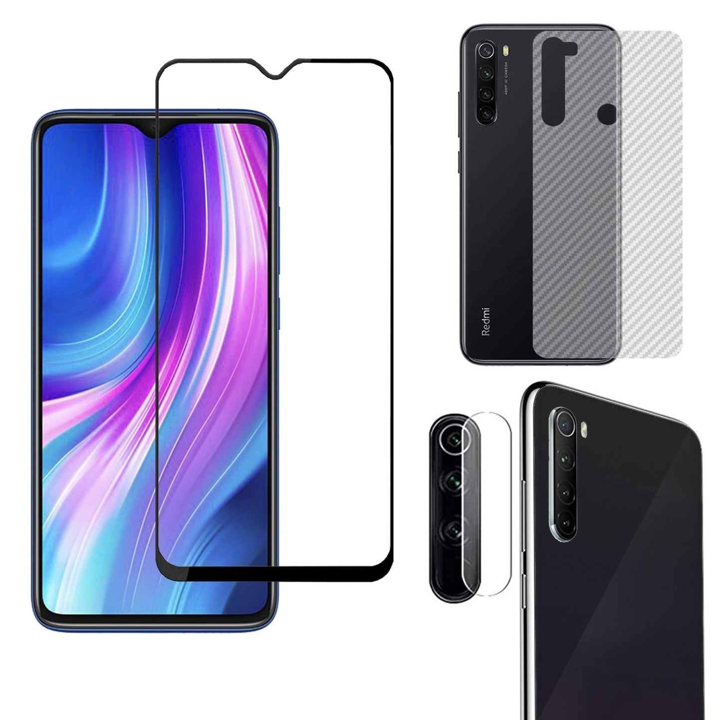 Combo Pack of Tempered Glass Screen Protector, Carbon Fiber Back Sticker, Camera lens Clear Glass Bundel for Redmi Note 8