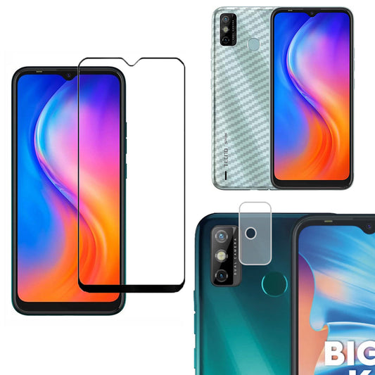 Combo Pack of Tempered Glass Screen Protector, Carbon Fiber Back Sticker, Camera lens Clear Glass Bundel for Techno Spark 6 Go