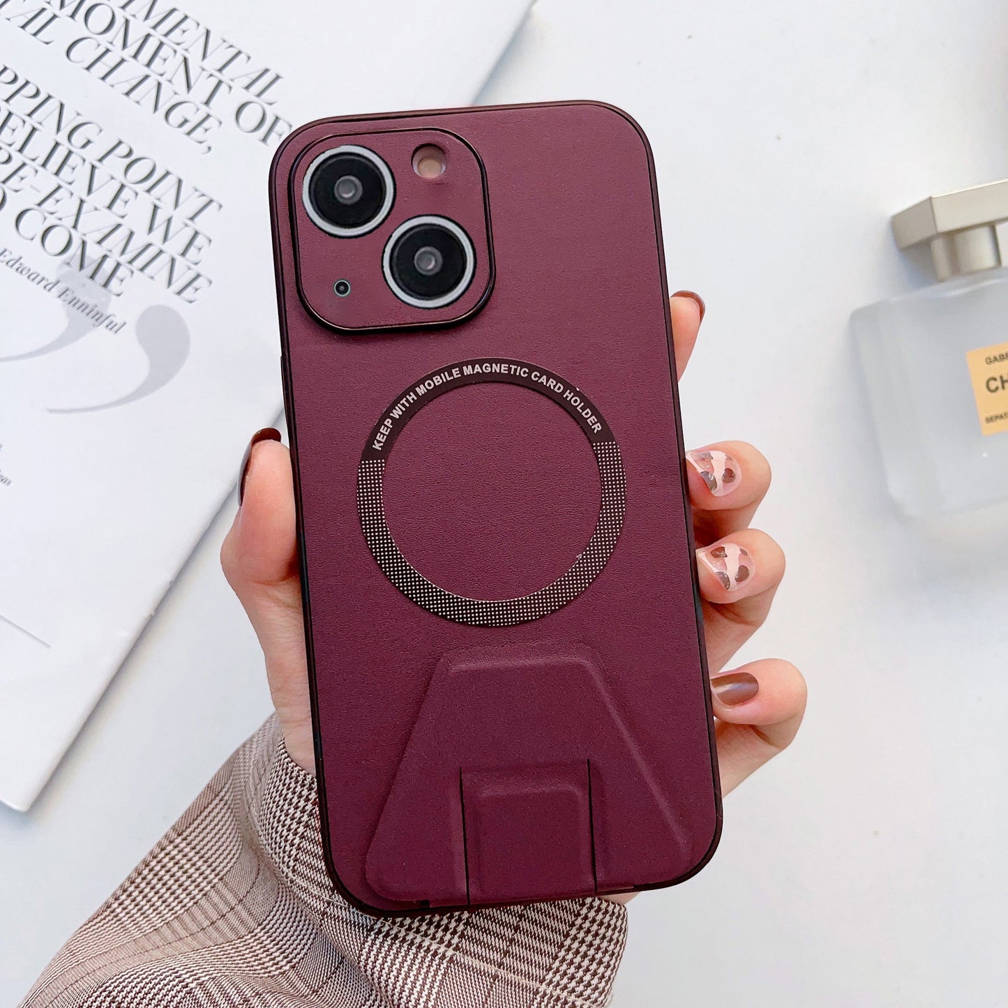 iPhone 13 Magsafe Wireless Charging Mobile Phone Leather Case Buckle Ring Stand Back Cover