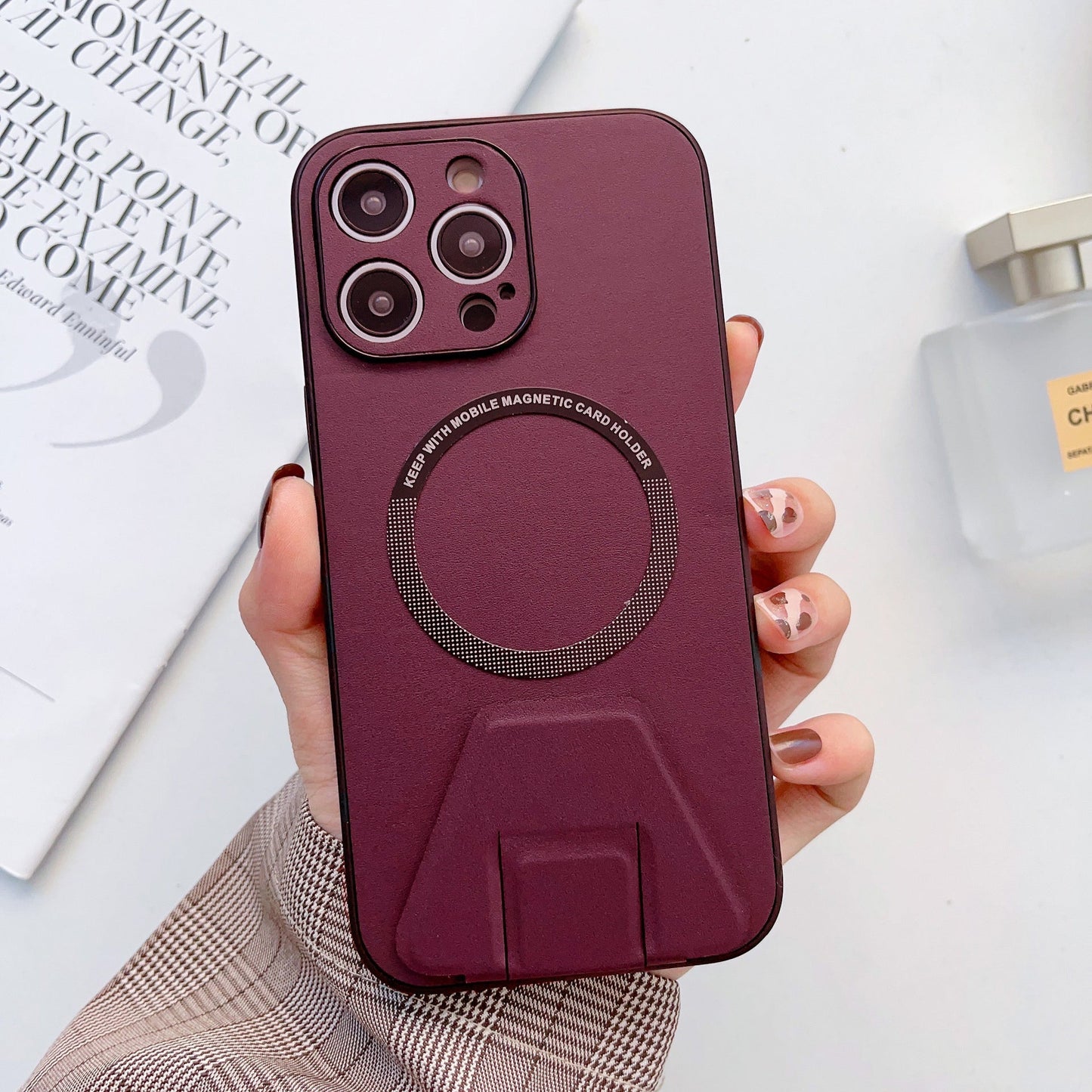 iPhone 14 Pro Max Magsafe Wireless Charging Mobile Phone Leather Case Buckle Ring Stand Back Cover